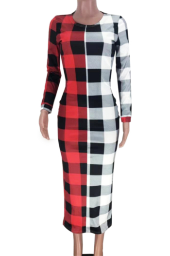 Plus size winter plaid contrast color contrast new stylish stretch fit dress