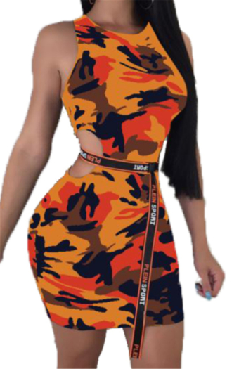 plus size three colors camo batch printing hollow stretch fit slim dress (no belt)