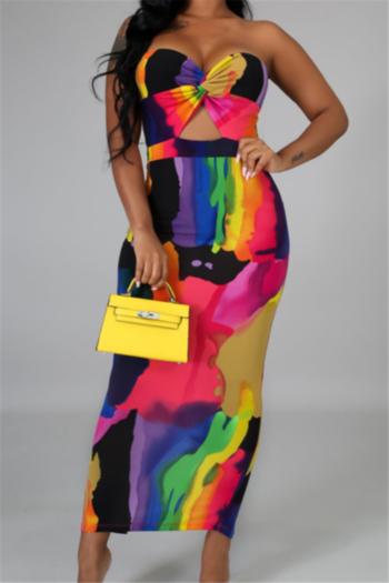 plus size new stylish strapless tie-dyed hollow split stretch fit dress (random colors printed)