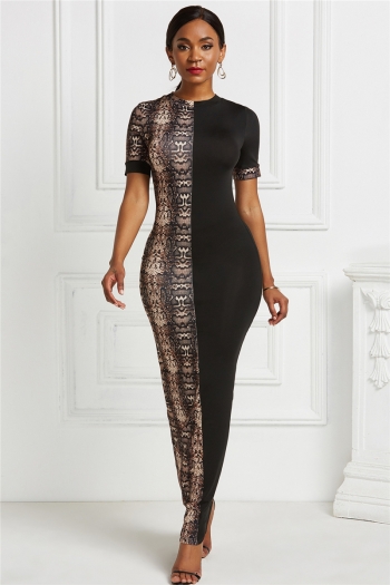 plus size new stylish solid color spliced snakeskin batch printing stretch fit slim dress