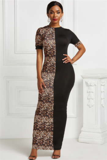 plus size new stylish solid color spliced leopard batch printing stretch fit slim dress