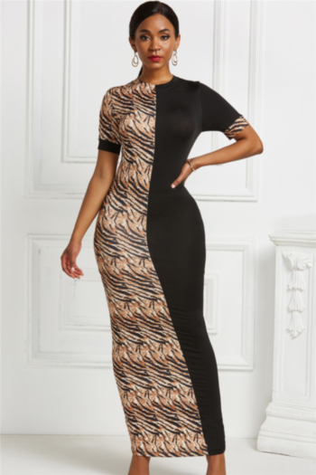 plus size new stylish solid color spliced tigerskin batch printing stretch fit slim dress