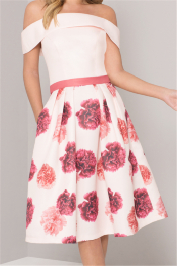 new stylish solid color spliced flower batch printing off shoulder pocket slim dress