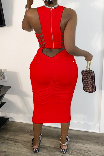 plus size new stylish solid color back zip-up hollow laced stretch dress