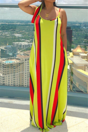new stylish pockets stripe batch printing sling stretch loose dress (with belt)