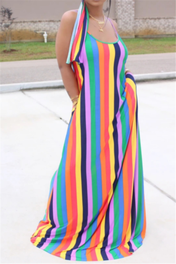 new stylish multicolor streak batch printing stretch loose pockets stretch dress