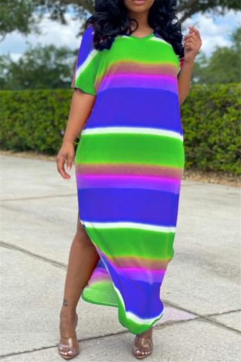 plus size summer stripe batch printing v-neck stretch loose split dress