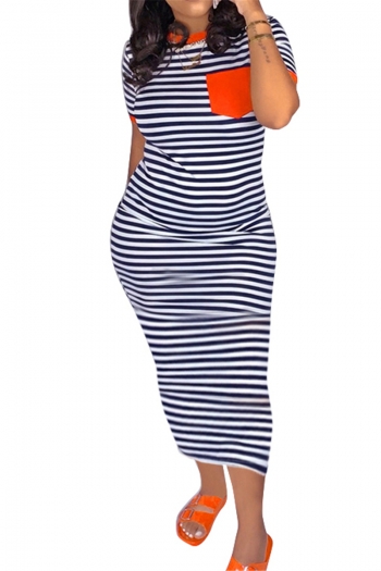 plus size 5 colors stripes batch printing pocket stretch slim dress