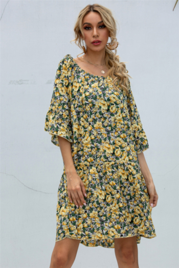 summer new stylish floral batch printing off-shoulder inelastic loose dress