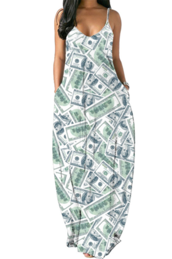 plus size dollar batch printing sling v-neck pockets stretch loose maxi dress