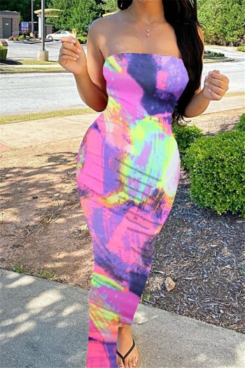 plus size multicolor tie-dye batch printing strapless stretch maxi dress
