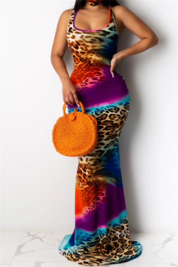 plus size contrast color leopard batch printing summer stretch elegant maxi gown