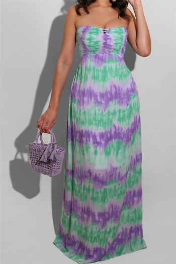 plus size tie-dye batch printing hollow out summer strapless stretch dress