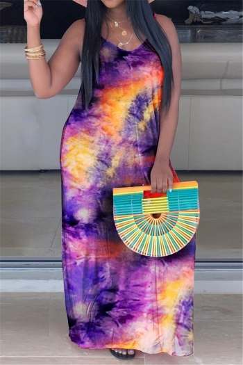 plus size new sling summer tie-dye batch printing stretch pockets maxi dress