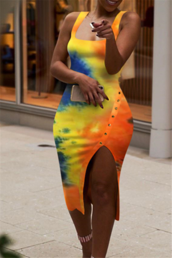 new stylish 3 colors multicolor printing summer split stretch slim dress