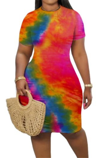 tie-dye printing plus size stylish summer new stretch slim dress