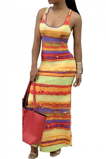 plus size new stylish multicolor batch printing sleeveless stretch maxi dress