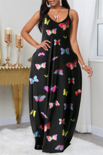 summer new stylish butterflies batch printing sling v-neck stretch loose dress