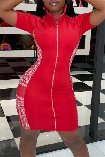 plus size new 3 colors stylish batch printing zip-up stretch tight dress