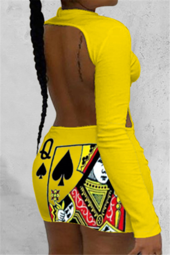 plus size poker printing open back 4 colors stretch new stylish dress