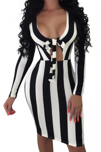 Black&White Stripe Long Sleeve Deep V Hollow Sexy Midi Dress