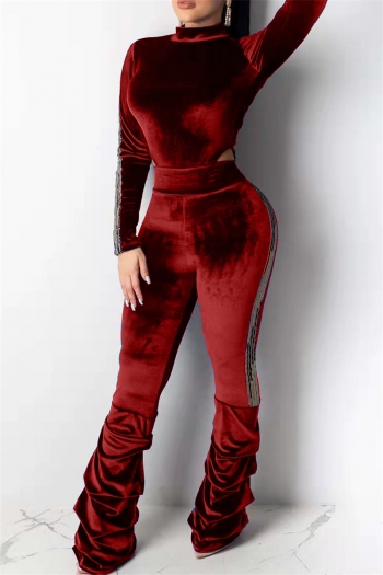 plus size solid color spliced sequin stretch fit hollow with folded pants gold velvet two-piece set