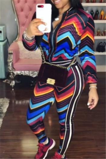 plus size new stylish contrast color streak printing zip-up stretch fit two-piece set