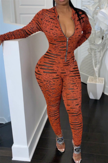 plus size new fashion digital batch printing zip-up stretch fit casual jumpsuit