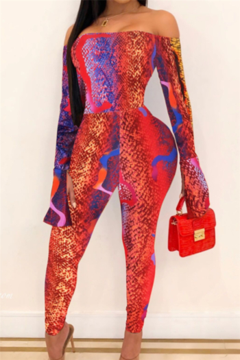 plus size new stylish winter snake batch printing flare sleeve off shoulder silk jumpsuit