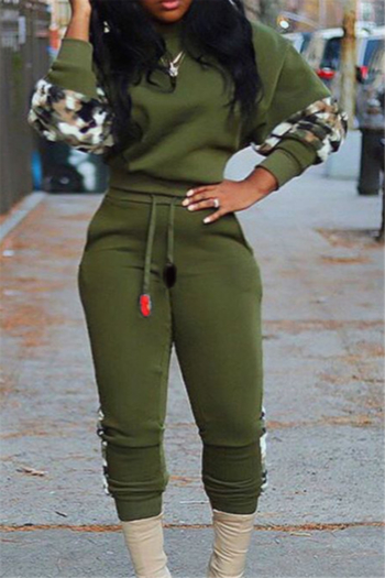 Plus size new stylish solid color spliced camo batch printing pocket stretch two-piece set (New add color)