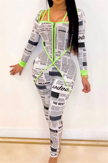 Plus size new stylish newspaper batch printing sling zip-up stretch fit jumpsuit (New add colors)