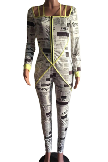 Plus size new stylish newspaper batch printing sling zip-up stretch fit jumpsuit (New add colors)