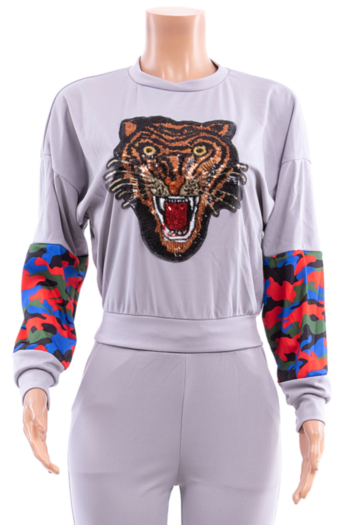 Plus size winter camo batch printing spliced tiger head sequin pocket two-piece set
