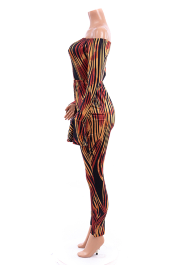 Plus size new stylish stripe batch printing strapless bodysuit flare sleeve stretch fit two-piece set