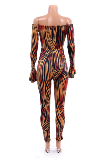 Plus size new stylish stripe batch printing strapless bodysuit flare sleeve stretch fit two-piece set