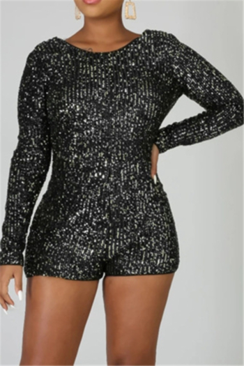 Plus size winter new stylish solid color sequin open back slim fit playsuit