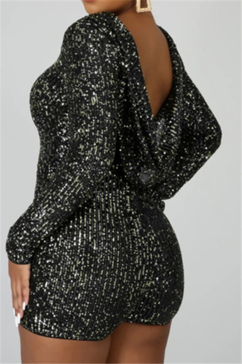 Plus size winter new stylish solid color sequin open back slim fit playsuit