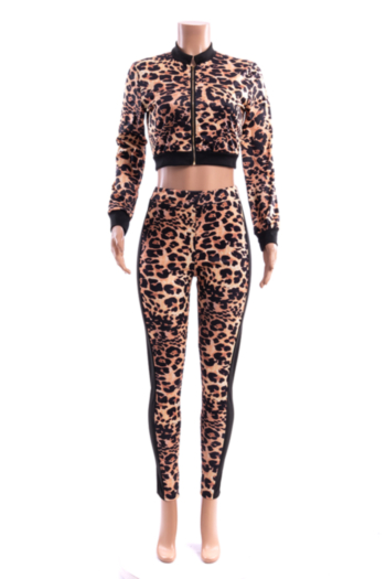 Winter new stylish leopard batch printing  zip-up stretch fit slim short two-piece set