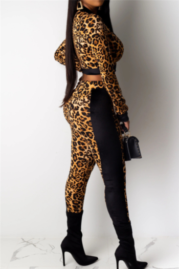 Winter new stylish leopard batch printing  zip-up stretch fit slim short two-piece set
