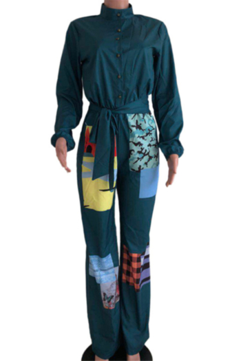 Plus size winter new stylish spliced printing pocket button wide leg jumpsuit (with belt)