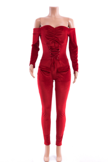 Plus size new stylish solid color strapless lace-up stretch fit velvet jumpsuit
