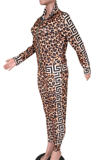 Plus size new stylish leopard digital batch printing zip-up winter fit two-piece set