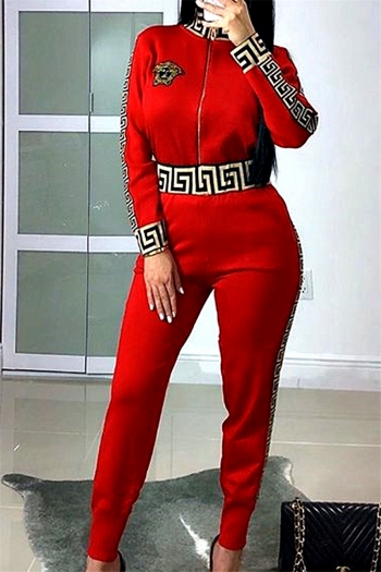 plus size new stylish batch printing pattern sequin zip-up stretch casual two-piece set