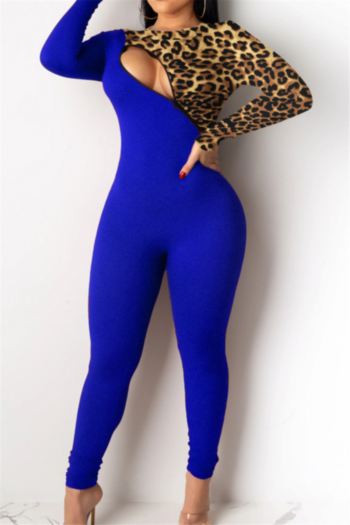 plus size new stylish solid color spliced leopard batch printing zip-up stretch fit jumpsuit
