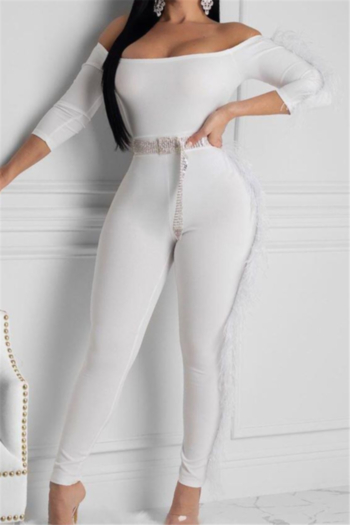plus size new stylish solid color spliced feather strapless stretch fit jumpsuit (no belt)