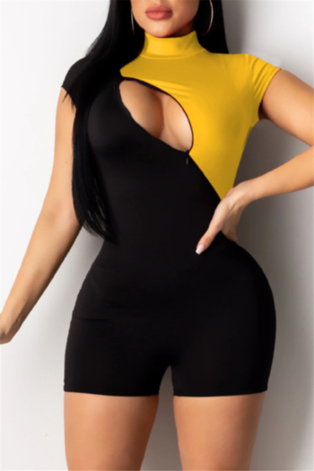 plus size new stylish zip-up contrast color four colors stretch fit slim tight playsuit