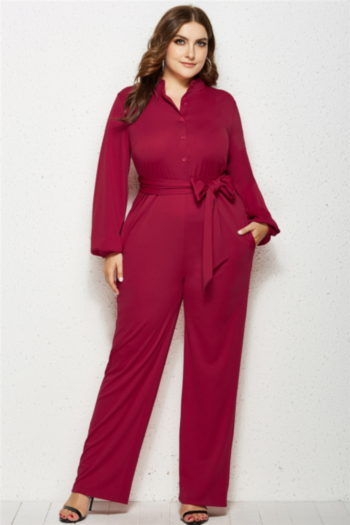 plus size new six colors pocket wide leg single breasted fit stylish jumpsuit (with belt)