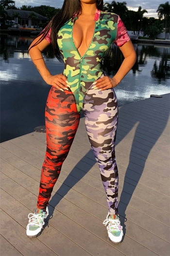 plus size new camo batch printing contrast color zip-up stretch fit casual jumpsuit