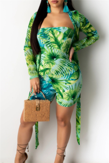plus size new stylish plant batch printing strapless playsuit with loose cardigan two-piece set (with belt)