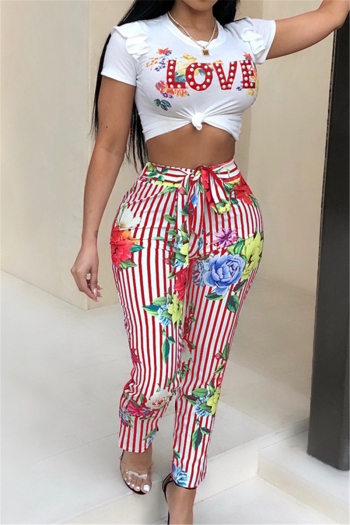 plus size new stylish letter printing flower batch printing streak micro elastic fit two-piece set